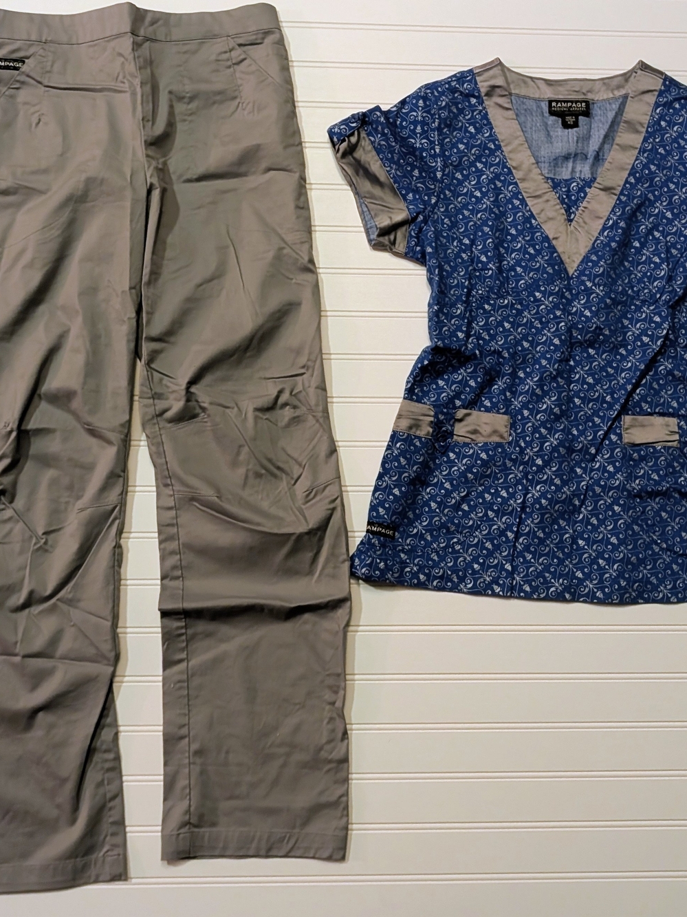 Rampage Blue Printed Scrub Top with Gray Trim and Gray Straight-Leg Pants